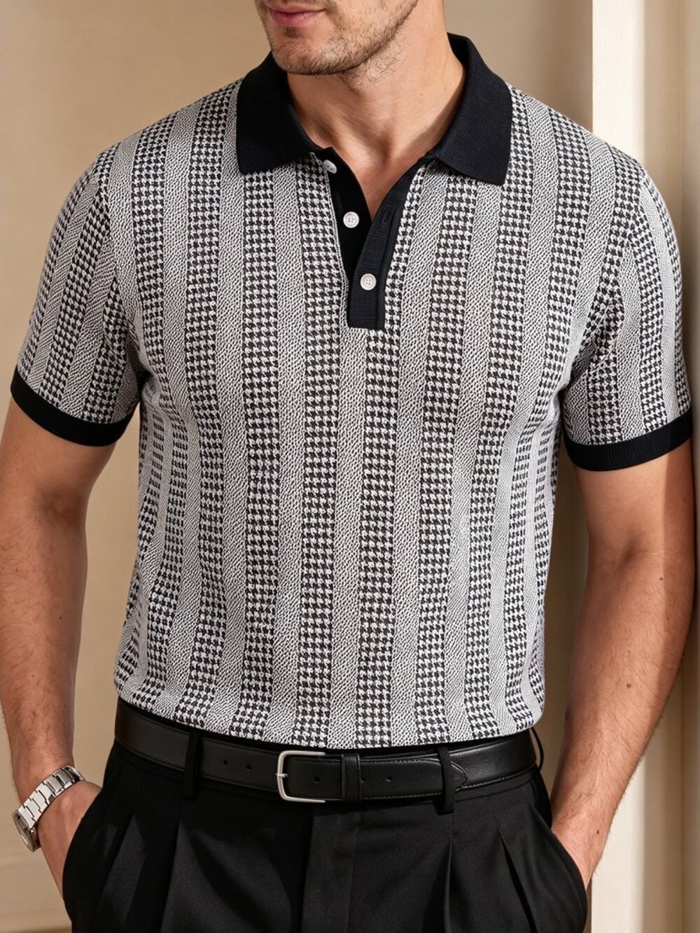 Black Men's Houndstooth Vertical Stripe Knit Polo Shirt